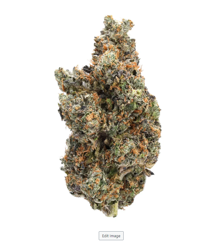 Runtz bud, dark and light green scattered with vibrant orange pistols', covered in a crystal coating of trichomes